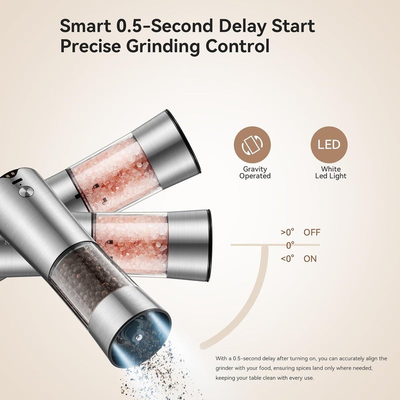 CULINARY FUN Electric Salt and Pepper Grinder Set, Gravity Operated, USB-C Rechargeable & Charging Base, Stainless Steel, Dual LED Guiding Lights, Comfortable Grip, Adjustable Coarseness, Perfect for Kitchen - Image 3