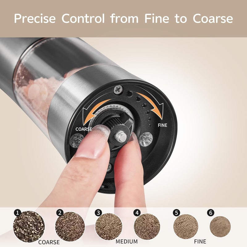 CULINARY FUN Electric Salt and Pepper Grinder Set, Gravity Operated, USB-C Rechargeable & Charging Base, Stainless Steel, Dual LED Guiding Lights, Comfortable Grip, Adjustable Coarseness, Perfect for Kitchen - Image 5