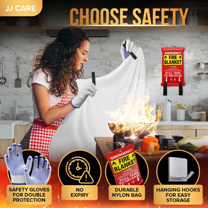 JJ CARE بطانية حريق JJ CARE - 10 عبوات مع خطافات - بطانية حريق طارئة للمنزل والمطبخ، بطانيات مقاومة للحرارة العالية لإخماد الحرائق لسلامة المنزل والمطبخ والتخييم - Image 4