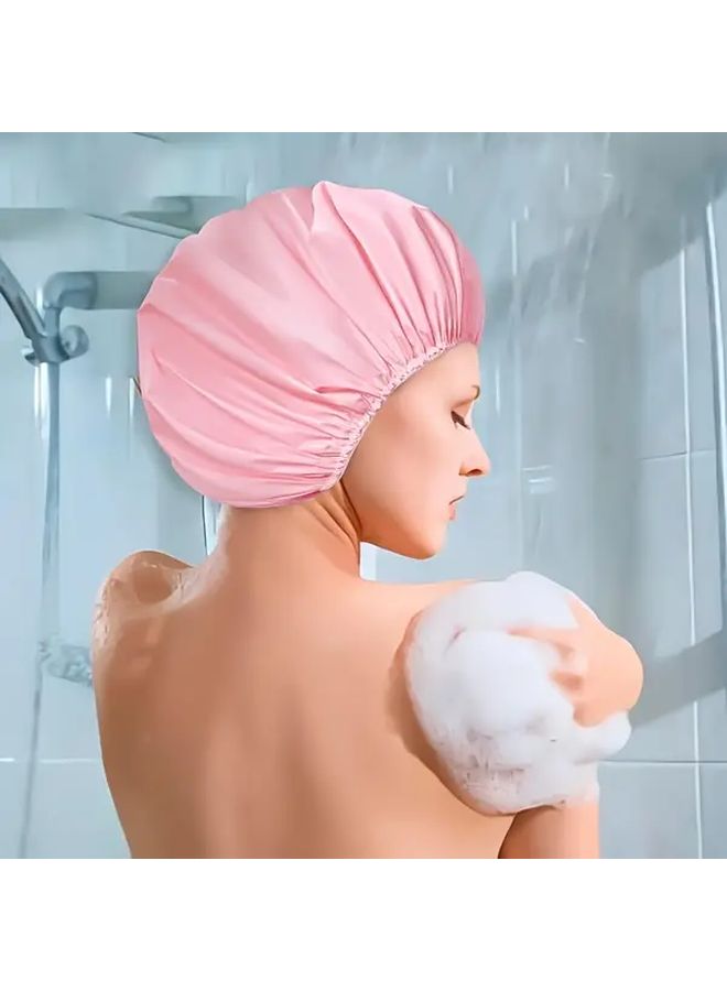 2 Packs Double Sided Shower Caps for Women Reusable Elastic Large Pink - Image 2