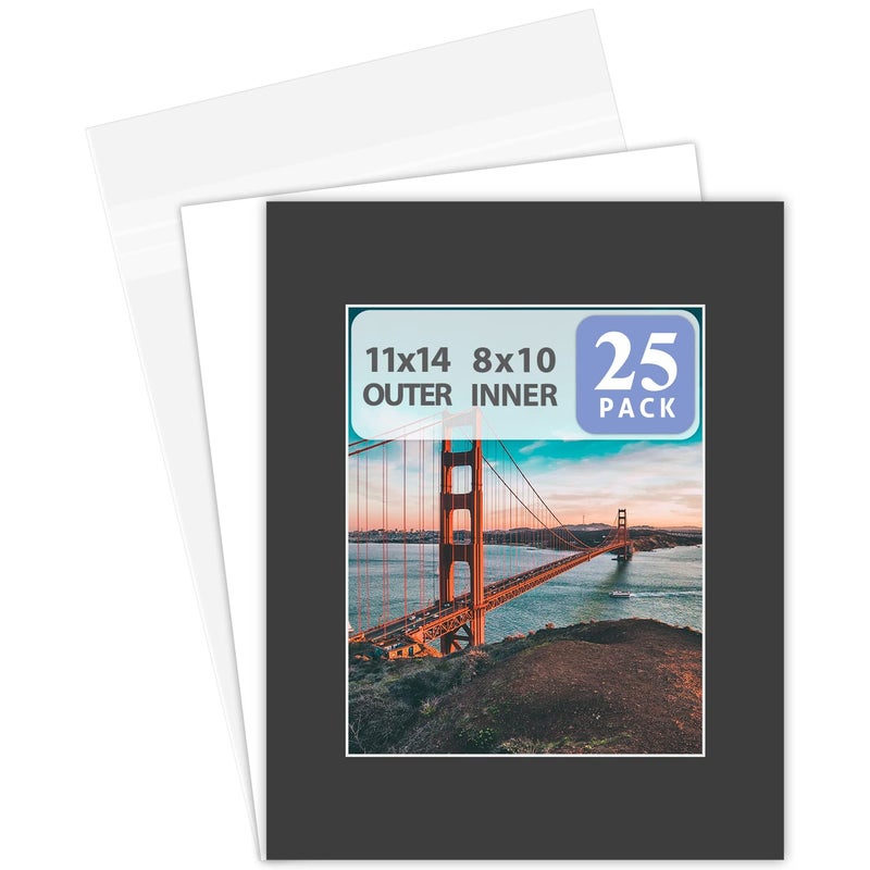 Pack of 25 11x14 Black Picture Mats Mattes with White Core Bevel Cut for 8x10 Photo Backing Bags
