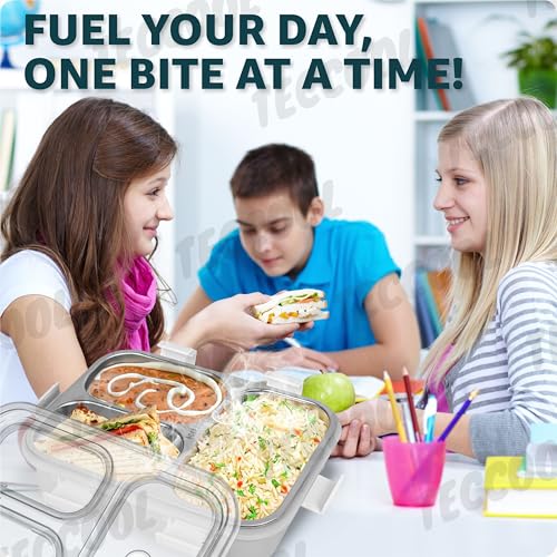 TEKCOOL Lunch Box for Adults - Lunch Box for Kids - with Spoon & Fork - Stainless Steel Lunch Box with 3 Compartment - Durable Perfect Size for On-The-Go Meal, BPA-Free (Grey)(3 Compartment) - Image 3