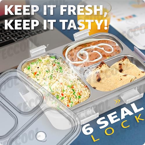 TEKCOOL Lunch Box for Adults - Lunch Box for Kids - with Spoon & Fork - Stainless Steel Lunch Box with 3 Compartment - Durable Perfect Size for On-The-Go Meal, BPA-Free (Grey)(3 Compartment) - Image 4
