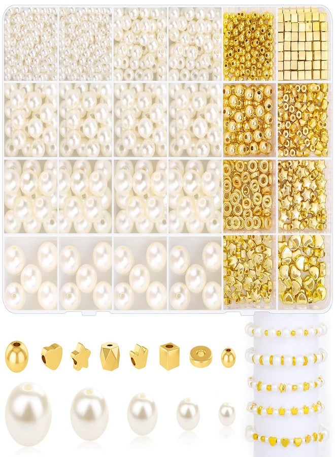 Thrilez 1290 Pieces Pearl Beads and Gold Spacer Beads for Bracelets Making, Assorted Gold Beads, Pearls for Bracelet Jewelry Making Kit - Image 1