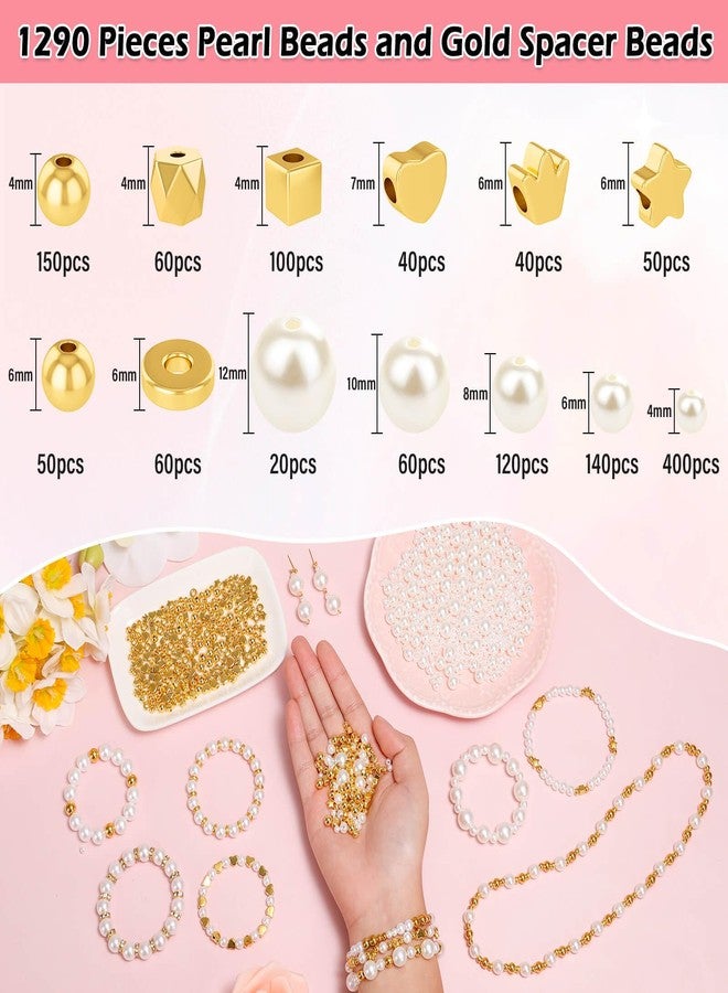 Thrilez 1290 Pieces Pearl Beads and Gold Spacer Beads for Bracelets Making, Assorted Gold Beads, Pearls for Bracelet Jewelry Making Kit - Image 3