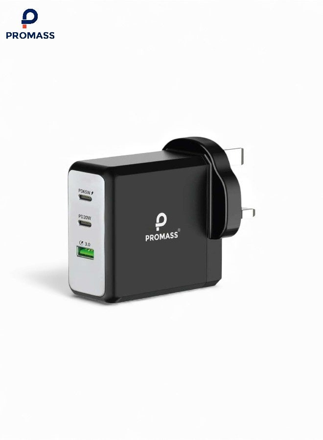 PROMASS USB charger for fast charging, 100W, with three ports: PD 65W, PD 20W, and USB 15W. Compatible with iPhones, Galaxy phones, Huawei phones, tablets, laptops, and more. - Image 1