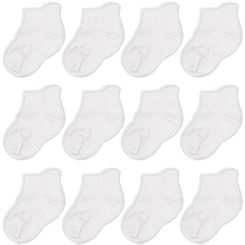CozyWay Toddler Socks with Grippers - Non-Slip Cotton Grip Pads & Kids Grippy Socks - Easy On & Off Heel Tab & Snug Toddler Fit - 3T-5T, Ankle, 12-Pack, White - Image 1