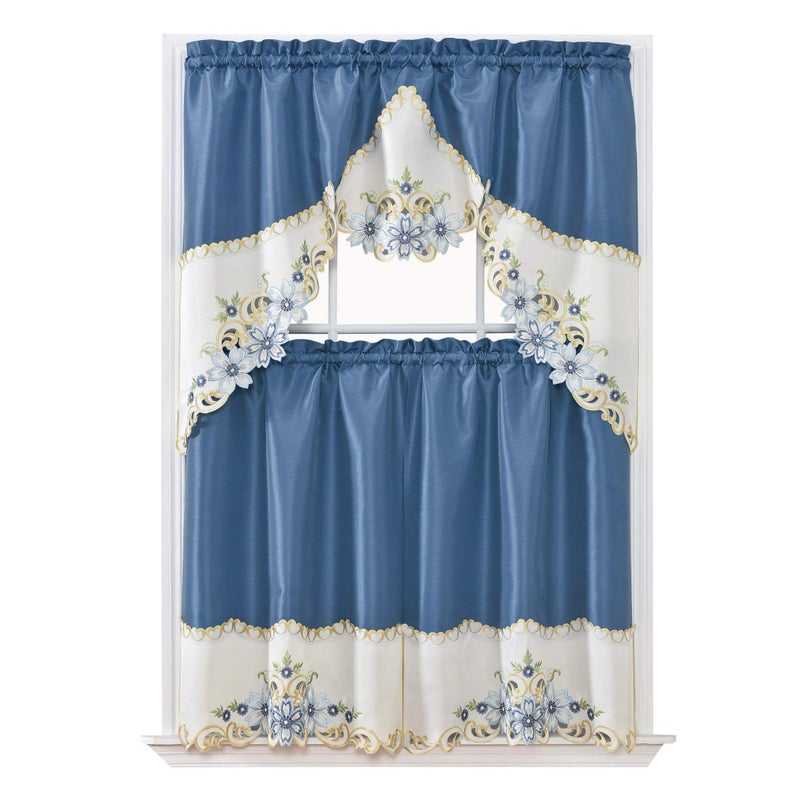 GOHD Golden Ocean Home Decor GOHD Arch Floral Kitchen Curtain SetSwag Valance  Tier Set Nice Matching Color Floral Embroidery on Border with cutworks Riverside Blue