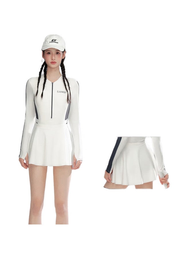 Sanqi Women'S One-Piece Long Sleeve Conservative Swimsuit With Tummy Control And Slimming Skirt High-End Thermal Spring Sports Training Swimwear L - Image 3