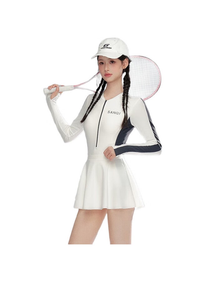 Sanqi Women'S One-Piece Long Sleeve Conservative Swimsuit With Tummy Control And Slimming Skirt High-End Thermal Spring Sports Training Swimwear L - Image 2