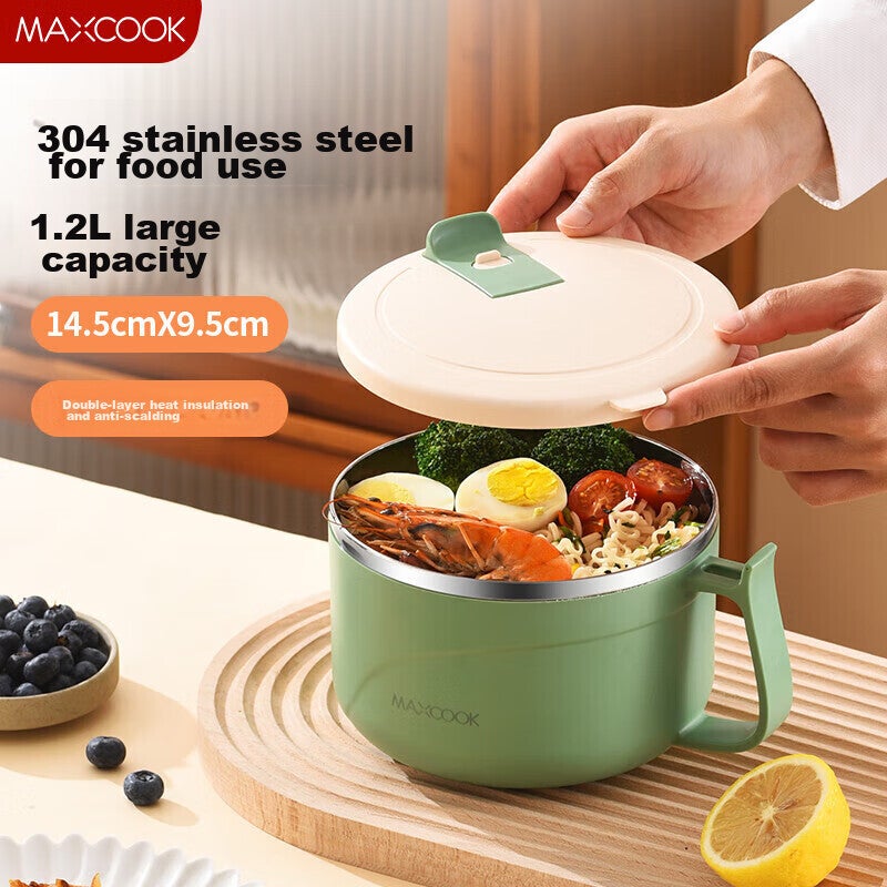 MAXCOOK 304 Stainless Steel Ramen Bowl, Student Lunch Box, Meal Cup, Noodle Cup 1200ML, Avocado Green MCFT0087 - Image 1
