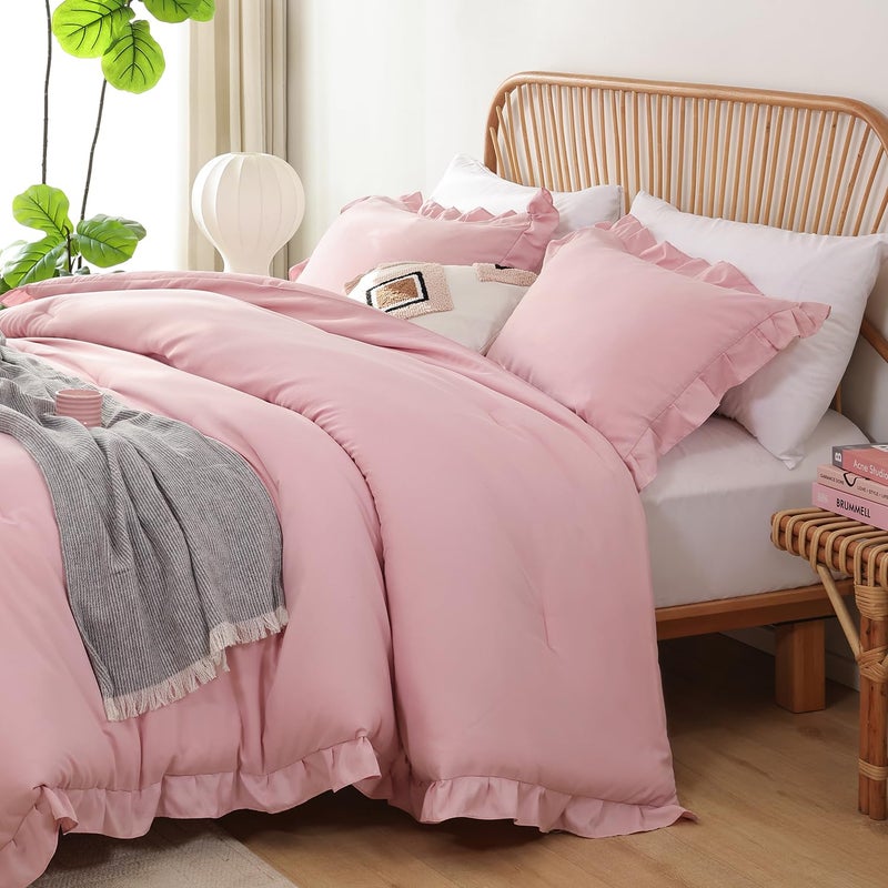 JANZAA Full Comforter Set Baby Pink Ruffle Comforter with 2 Pillowcase Soft Full Size Bed Set Vintage Farmhouse Bed Comforter Set Fluffy Shabby Chic Bedding for All Season - Image 4