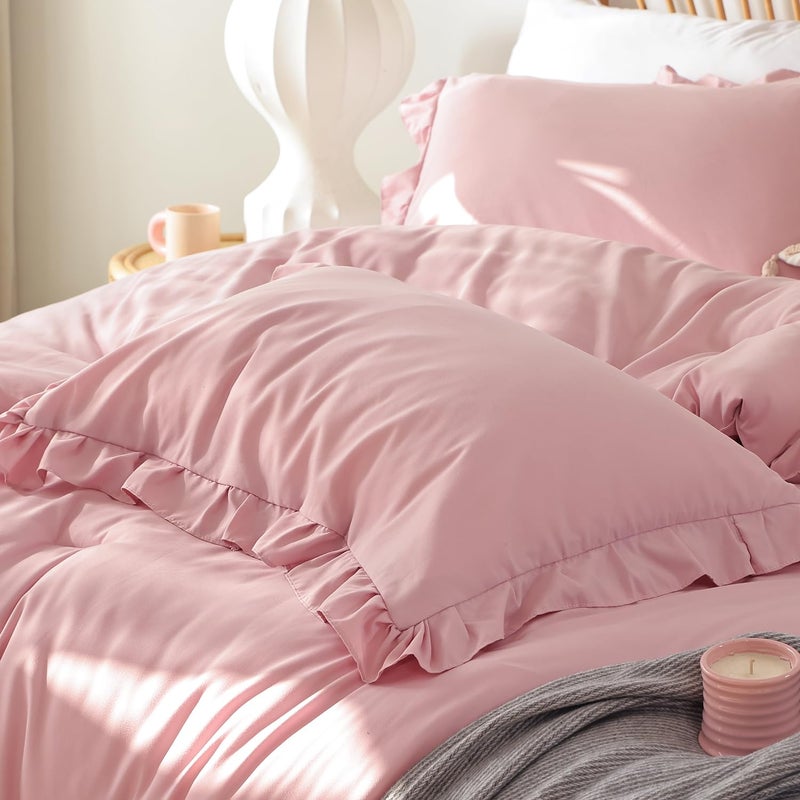JANZAA Full Comforter Set Baby Pink Ruffle Comforter with 2 Pillowcase Soft Full Size Bed Set Vintage Farmhouse Bed Comforter Set Fluffy Shabby Chic Bedding for All Season - Image 5