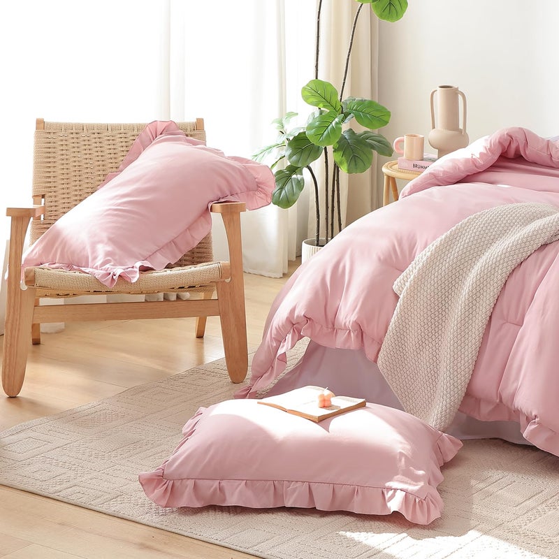 JANZAA Full Comforter Set Baby Pink Ruffle Comforter with 2 Pillowcase Soft Full Size Bed Set Vintage Farmhouse Bed Comforter Set Fluffy Shabby Chic Bedding for All Season - Image 2