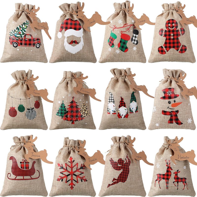 Shappy 24 Pcs Christmas Burlap Gift Bags, Small Treat Goody Bags with Drawstrings for Christmas, Featuring 12 Designs for Xmas and New Year Party Favors and Supplies(Rustic Style,7 x 5 Inch) - Image 1