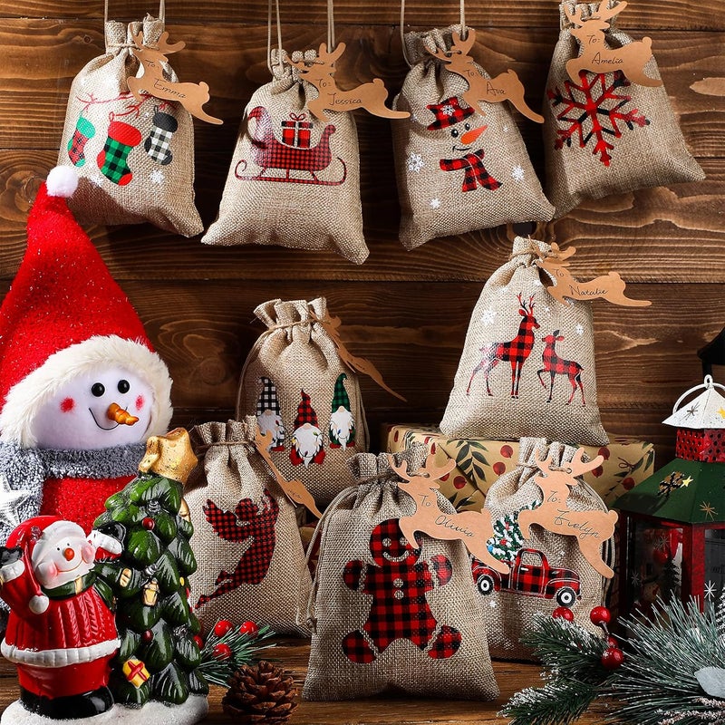 Shappy 24 Pcs Christmas Burlap Gift Bags, Small Treat Goody Bags with Drawstrings for Christmas, Featuring 12 Designs for Xmas and New Year Party Favors and Supplies(Rustic Style,7 x 5 Inch) - Image 2