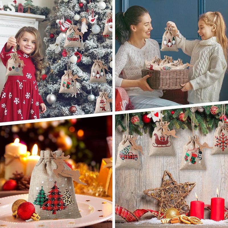 Shappy 24 Pcs Christmas Burlap Gift Bags, Small Treat Goody Bags with Drawstrings for Christmas, Featuring 12 Designs for Xmas and New Year Party Favors and Supplies(Rustic Style,7 x 5 Inch) - Image 4