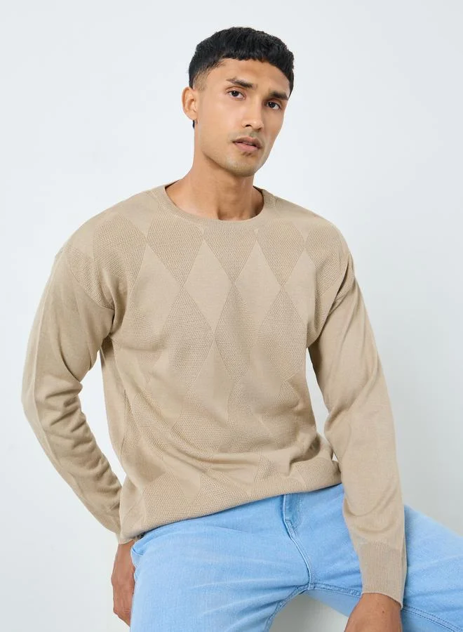 Styli Men Beige Diamond Pattern Sweater