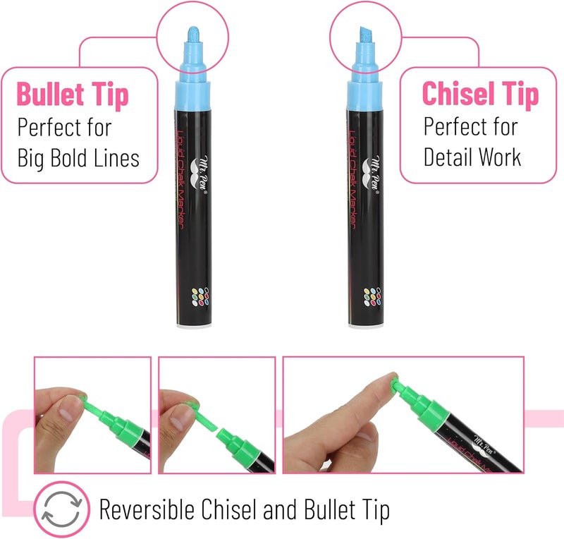 Mr. Pen- Liquid Chalk Markers, 6 Pack, Reversible Tip, Vibrant Colors, Erasable Chalk Marker, Non-Toxic Water-Based Chalkboard Markers for Window and Glass, Washable Window Paint Marker - Image 3