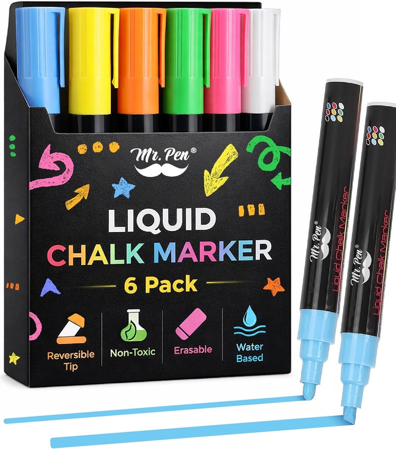 Mr. Pen- Liquid Chalk Markers, 6 Pack, Reversible Tip, Vibrant Colors, Erasable Chalk Marker, Non-Toxic Water-Based Chalkboard Markers for Window and Glass, Washable Window Paint Marker - Image 1
