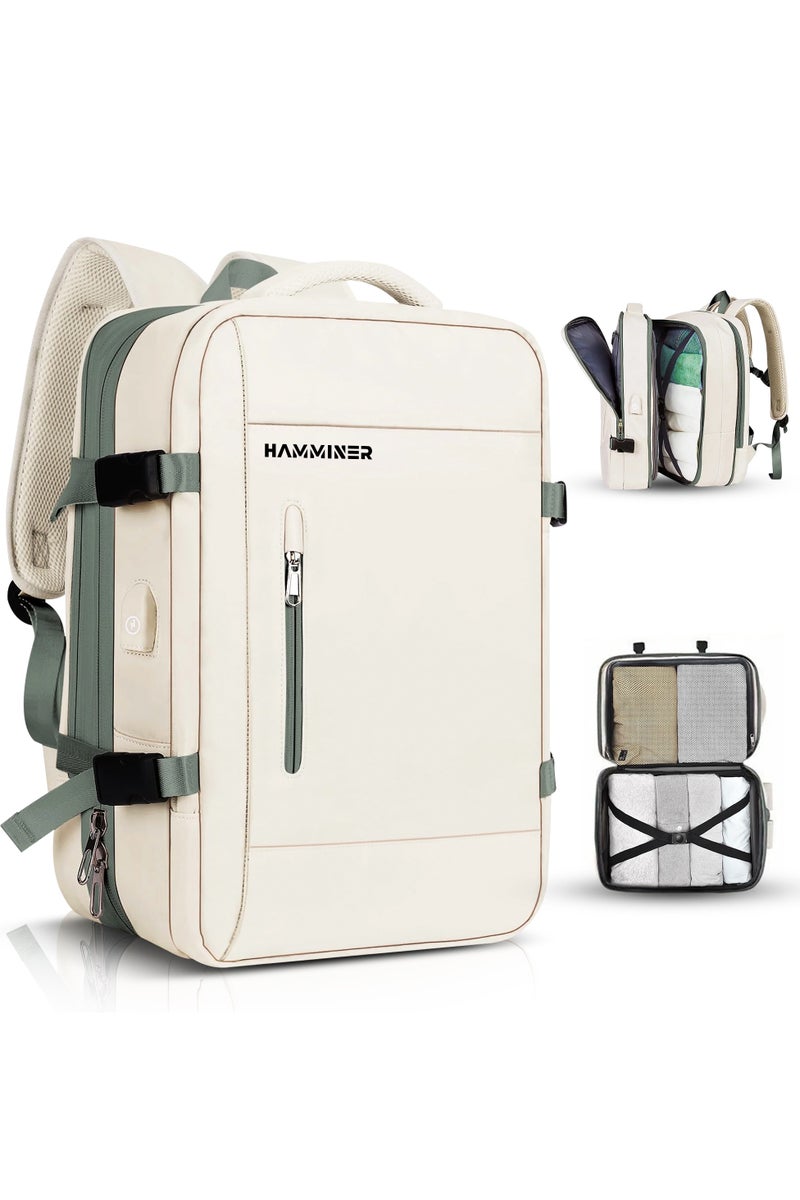 HAMMINER Travel Bag Expandable, Flight Approved Carry On Backpack For International Travel Bag, Water Resistant Durable 17-inch Laptop Backpacks, Laptop Bag Luggage Backpack For Men Sports Luggage Backpack For Womens Travel Backpack For Luggage Men School Bag Shoulder Bag Built-in USB Charging Port Beige - Image 1