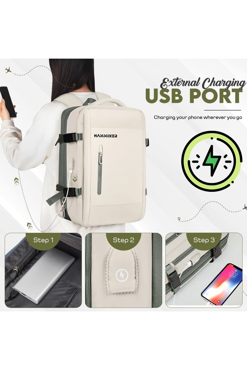 HAMMINER Travel Bag Expandable, Flight Approved Carry On Backpack For International Travel Bag, Water Resistant Durable 17-inch Laptop Backpacks, Laptop Bag Luggage Backpack For Men Sports Luggage Backpack For Womens Travel Backpack For Luggage Men School Bag Shoulder Bag Built-in USB Charging Port Beige - Image 4