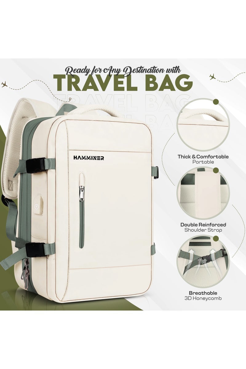 HAMMINER Travel Bag Expandable, Flight Approved Carry On Backpack For International Travel Bag, Water Resistant Durable 17-inch Laptop Backpacks, Laptop Bag Luggage Backpack For Men Sports Luggage Backpack For Womens Travel Backpack For Luggage Men School Bag Shoulder Bag Built-in USB Charging Port Beige - Image 2