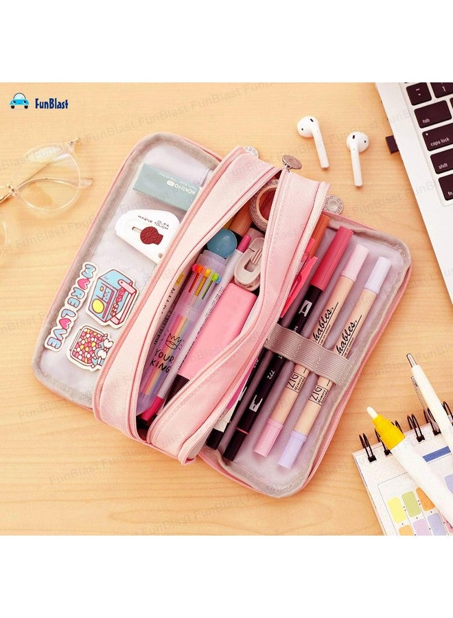 FunBlast Large Capacity Pencil Box for Girls & Boys, 3 Compartments Canvas Pen & Pencil Pouches, Aesthetic Stationery Pouch for School Kids College Students, Birthday Return Gift for Kids (Pink) - Image 5