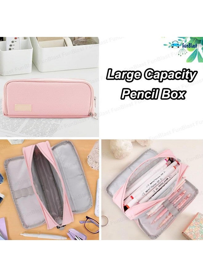 FunBlast Large Capacity Pencil Box for Girls & Boys, 3 Compartments Canvas Pen & Pencil Pouches, Aesthetic Stationery Pouch for School Kids College Students, Birthday Return Gift for Kids (Pink) - Image 3