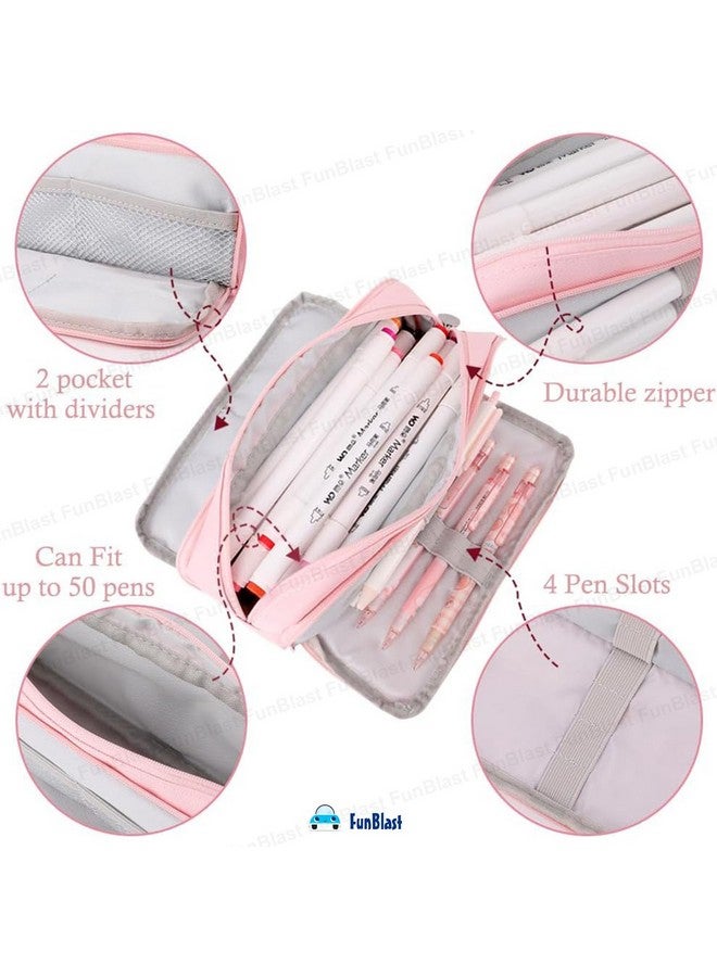 FunBlast Large Capacity Pencil Box for Girls & Boys, 3 Compartments Canvas Pen & Pencil Pouches, Aesthetic Stationery Pouch for School Kids College Students, Birthday Return Gift for Kids (Pink) - Image 4