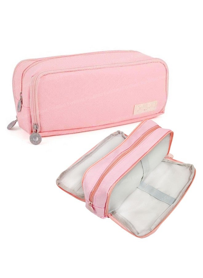 FunBlast Large Capacity Pencil Box for Girls & Boys, 3 Compartments Canvas Pen & Pencil Pouches, Aesthetic Stationery Pouch for School Kids College Students, Birthday Return Gift for Kids (Pink) - Image 1