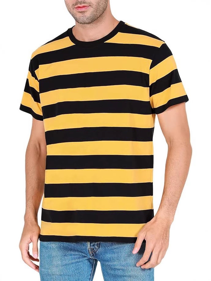 Style Striped Hierarchical Short-Sleeved Summer Heavy-Weight Round Neck Loose T-Shirt For Boys Trendy All-Match Casual Men - Image 2