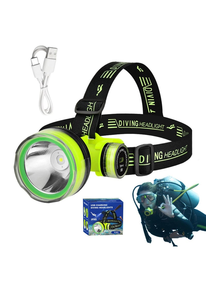 Dominy LED Diving Headlamp, Waterproof Bright LED Diving Flashlight, 2 Light Modes Scuba Diving Headlight, Rechargeable Forehead Scuba Diving Light（Green）  - Image 1