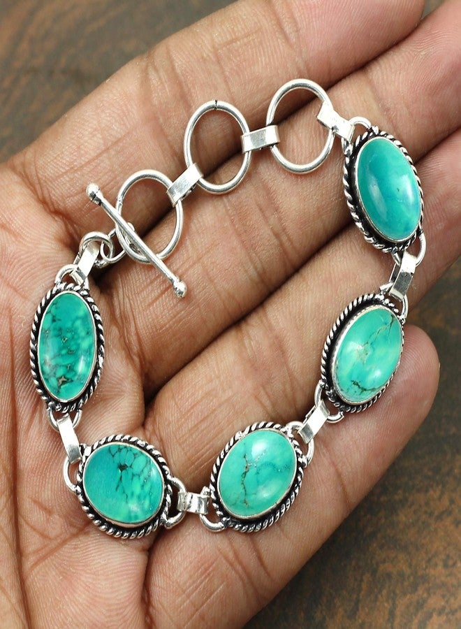 Sterling Silver Jewelry Natural Turquoise 925 Silver Plated Handmade Link Bracelet for Women - December Birthstone Oval Gemstones Vintage Style Bohemian Bracelet - Mother's Day Gifts for Her - Image 4