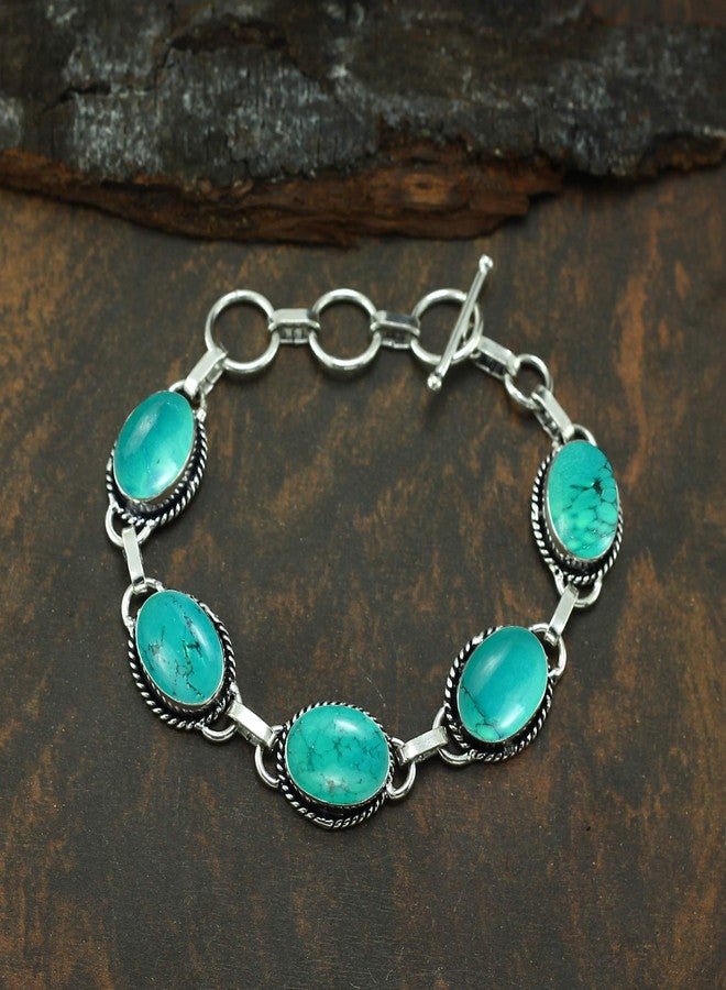 Sterling Silver Jewelry Natural Turquoise 925 Silver Plated Handmade Link Bracelet for Women - December Birthstone Oval Gemstones Vintage Style Bohemian Bracelet - Mother's Day Gifts for Her - Image 3
