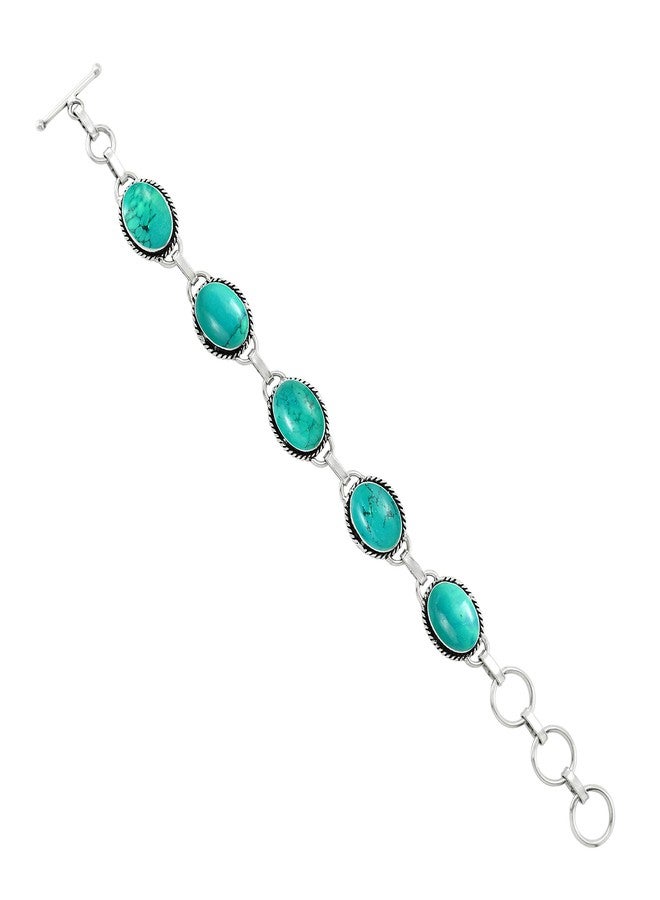 Sterling Silver Jewelry Natural Turquoise 925 Silver Plated Handmade Link Bracelet for Women - December Birthstone Oval Gemstones Vintage Style Bohemian Bracelet - Mother's Day Gifts for Her - Image 2