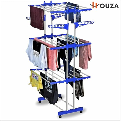 HOUZA Premium Stainless Steel 3-Layer Foldable Cloth Drying Stand | Indoor & Outdoor Use | Anti-Rust, Space-Saving Design with Lockable Wheels & Foldable Wings | Blue - Image 2
