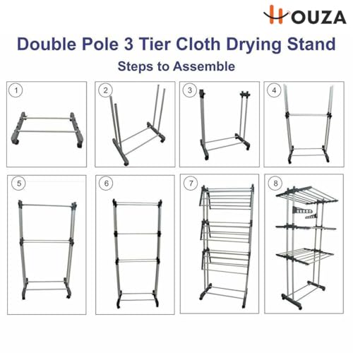 HOUZA Premium Stainless Steel 3-Layer Foldable Cloth Drying Stand | Indoor & Outdoor Use | Anti-Rust, Space-Saving Design with Lockable Wheels & Foldable Wings | Blue - Image 3