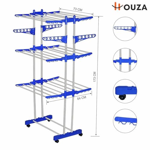 HOUZA Premium Stainless Steel 3-Layer Foldable Cloth Drying Stand | Indoor & Outdoor Use | Anti-Rust, Space-Saving Design with Lockable Wheels & Foldable Wings | Blue - Image 4