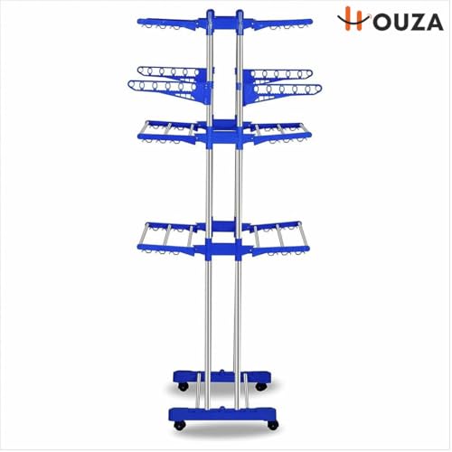 HOUZA Premium Stainless Steel 3-Layer Foldable Cloth Drying Stand | Indoor & Outdoor Use | Anti-Rust, Space-Saving Design with Lockable Wheels & Foldable Wings | Blue - Image 5