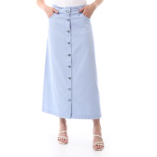 Button Front Gabardine Maxi Skirt, Light Blue, A-Line, Ankle Length-6388