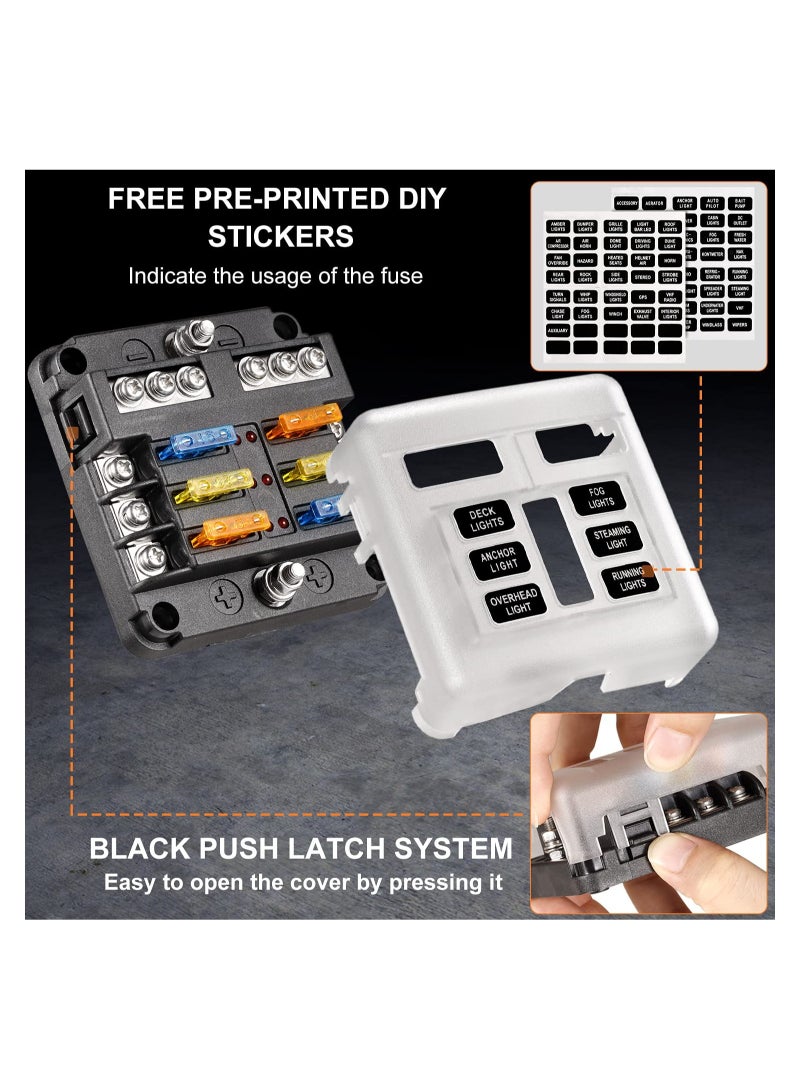 6 Way Blade Fuse Block - 12V Waterproof Fuse Box Holder with LED Indicator, 6 Circuit Negative Bus for Automotive, Truck, Boat, Marine, RV, Van  - Image 3