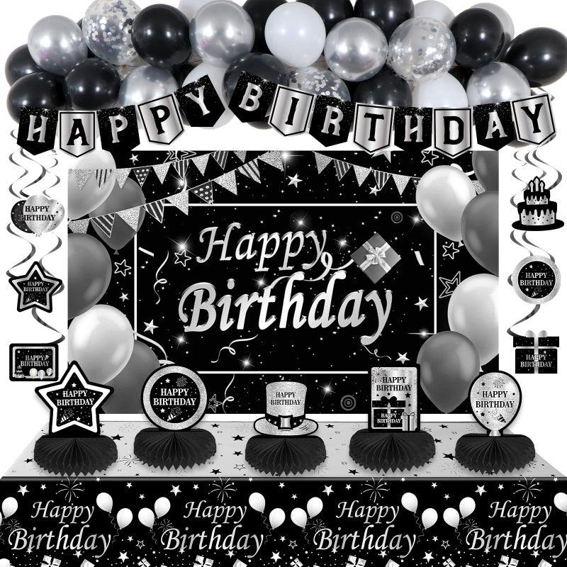 Halema Black and Silver Birthday Decorations, BIack Birthday Decoretions for Men Women Boys Girls with Black Happy Birthday Banner Tablecloth Backdrop Balloons Arch Garland Kit Decorations Party Supplies - Image 1