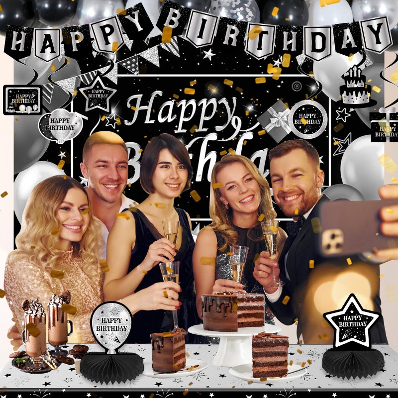 Halema Black and Silver Birthday Decorations, BIack Birthday Decoretions for Men Women Boys Girls with Black Happy Birthday Banner Tablecloth Backdrop Balloons Arch Garland Kit Decorations Party Supplies - Image 2