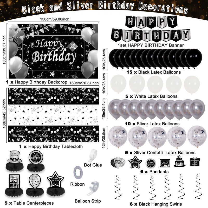 Halema Black and Silver Birthday Decorations, BIack Birthday Decoretions for Men Women Boys Girls with Black Happy Birthday Banner Tablecloth Backdrop Balloons Arch Garland Kit Decorations Party Supplies - Image 3