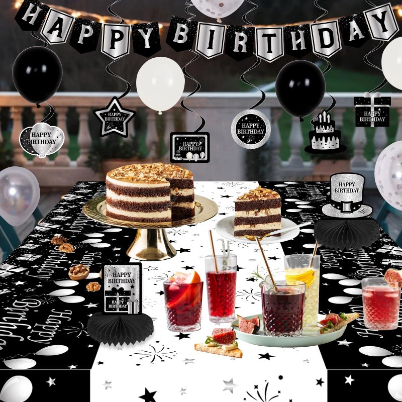 Halema Black and Silver Birthday Decorations, BIack Birthday Decoretions for Men Women Boys Girls with Black Happy Birthday Banner Tablecloth Backdrop Balloons Arch Garland Kit Decorations Party Supplies - Image 5