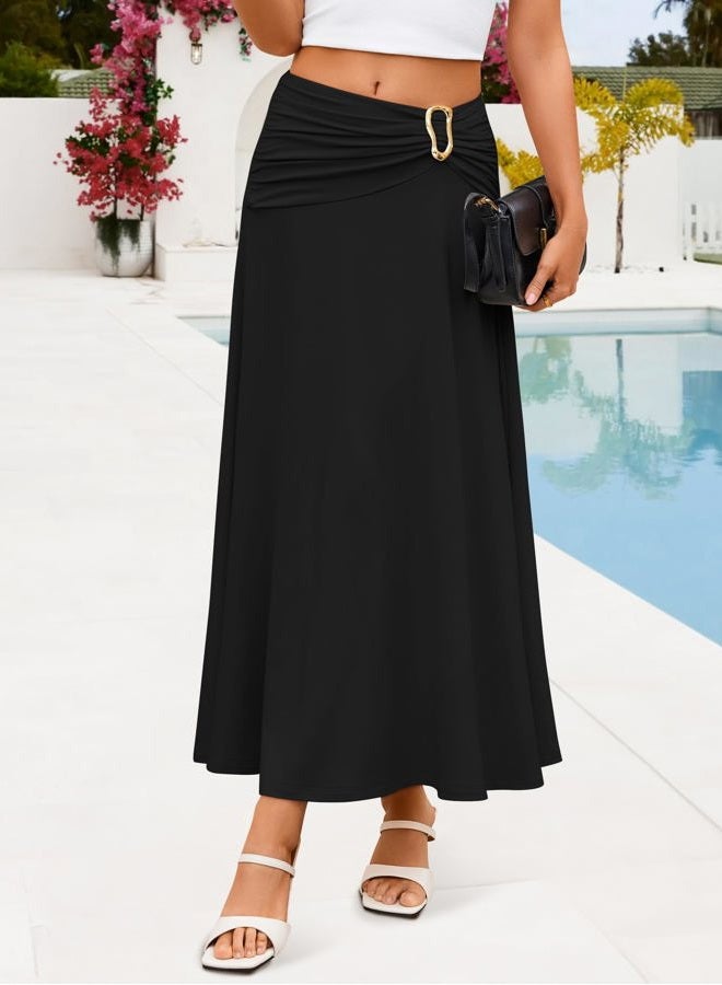ZESICA Flowy Maxi Skirts for Women 2026 Summer Casual Elastic High Waist A-Line Long Skirt Beach Vacation Fashion Outfits, Black, S - Image 4