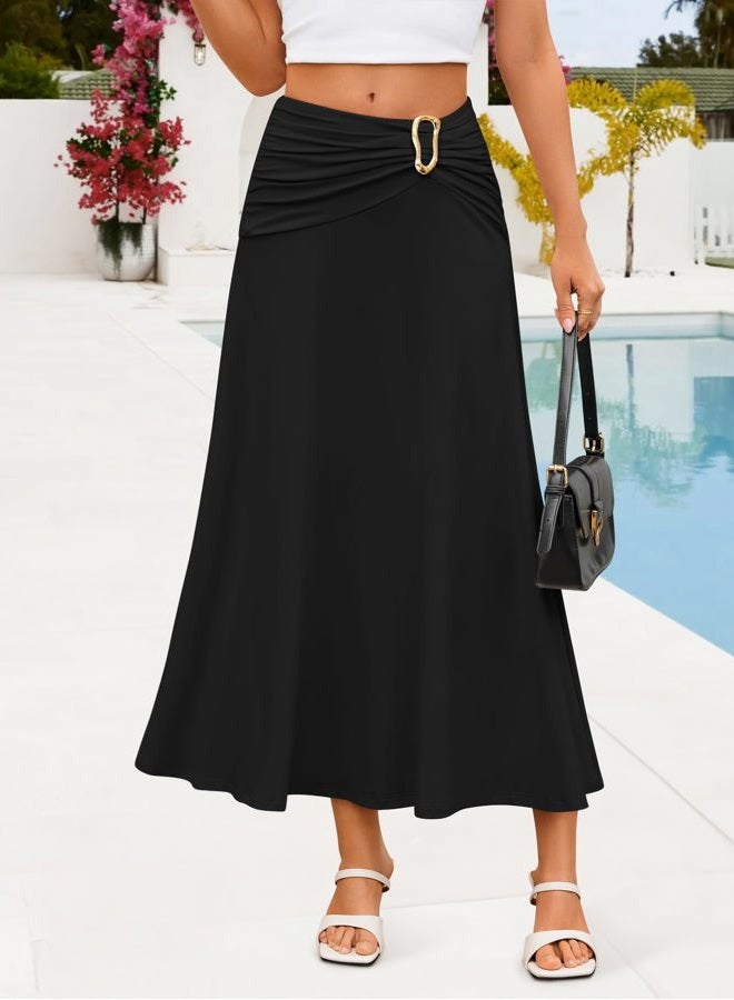 ZESICA Flowy Maxi Skirts for Women 2026 Summer Casual Elastic High Waist A-Line Long Skirt Beach Vacation Fashion Outfits, Black, S - Image 3