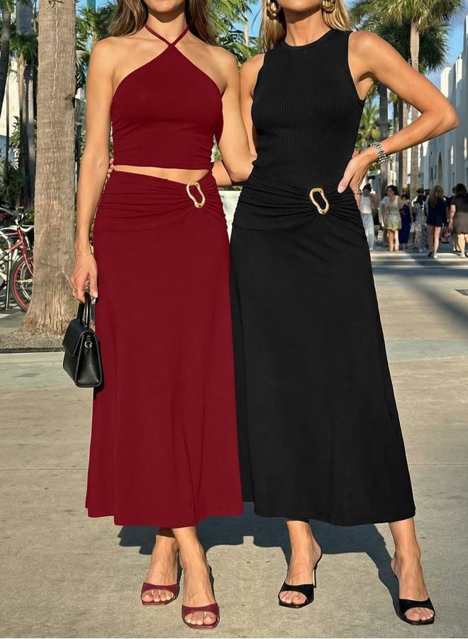 ZESICA Flowy Maxi Skirts for Women 2026 Summer Casual Elastic High Waist A-Line Long Skirt Beach Vacation Fashion Outfits, Black, S - Image 2