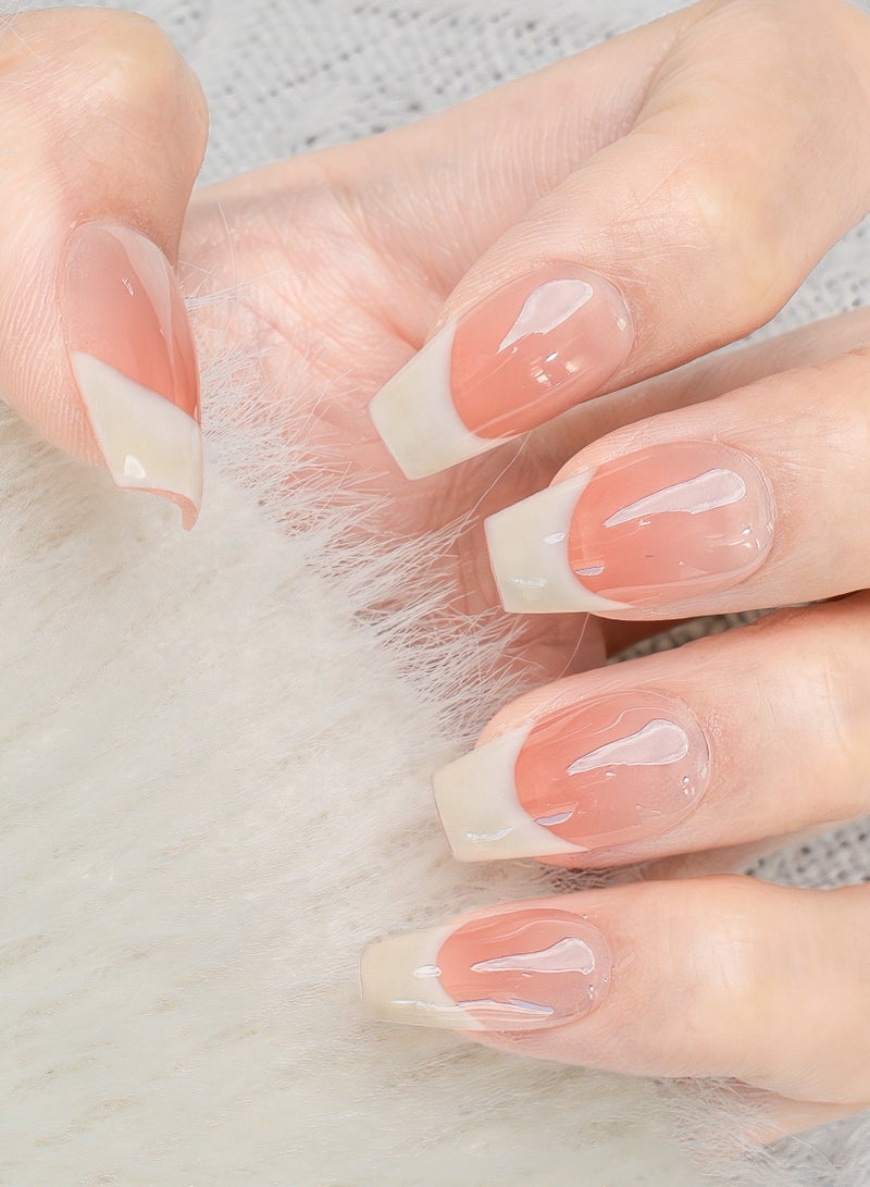Nailosophy 10 Pcs Handmade Gel Press On Nails Oval French Tip Peach Nude Reusable False Nails Nail Kit for Women Daily Wear Office Wedding Eid - Image 1